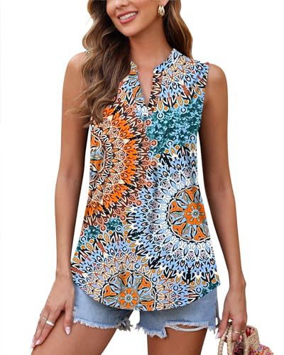 WNEEDU Tank Top Damen Sommer - Ärmellose Bluse Elegant V-Ausschnitt Lässiges Oberteil Tanktop Trägershirt für Frauen Lang(Print Green,L) von WNEEDU