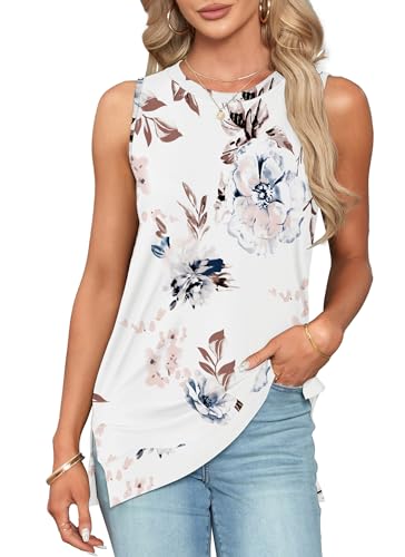 WNEEDU Tank Top Damen Große Größen Sommer Ärmellose Lässiges Oberteil Rundhalsausschnitt Trägertop für Frauen(Floral White,3XL) von WNEEDU