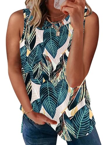 WNEEDU Tank Top Damen Große Größen Sommer Ärmellose Lässiges Oberteil Rundhalsausschnitt Trägertop für Frauen(Leaf Print,3XL) von WNEEDU