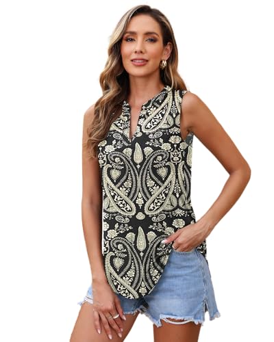 WNEEDU Tank Top Damen Sommer - Ärmellose Bluse Elegant V-Ausschnitt Lässiges Oberteil Tanktop Trägershirt für Frauen Lang(Boho Floral Schwarz,M) von WNEEDU