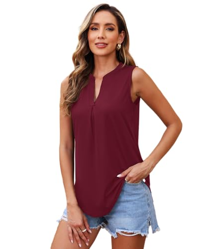 WNEEDU Tank Top Damen Sommer - Ärmellose Bluse Elegant V-Ausschnitt Lässiges Oberteil Tanktop Trägershirt für Frauen Lang(Burgund,L) von WNEEDU