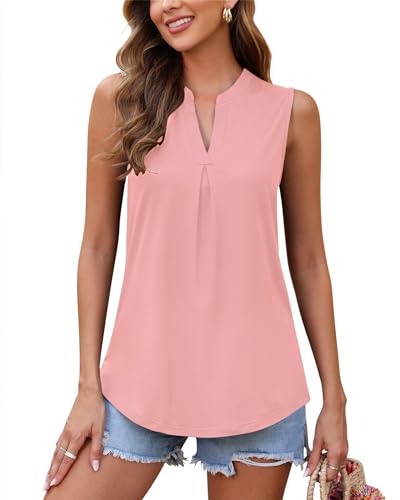 WNEEDU Tank Top Damen Sommer - Ärmellose Bluse Elegant V-Ausschnitt Lässiges Oberteil Tanktop Trägershirt für Frauen Lang(Pink,L) von WNEEDU
