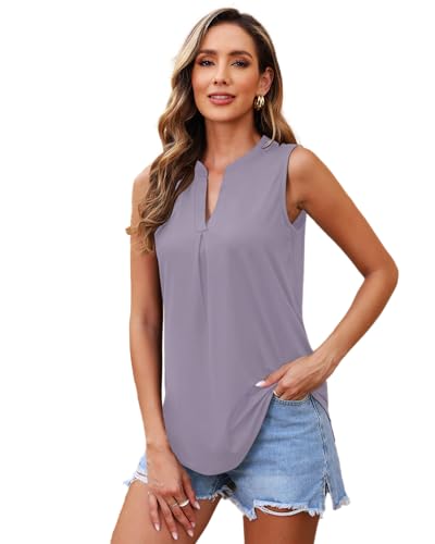 WNEEDU Tank Top Damen Sommer - Ärmellose Bluse Elegant V-Ausschnitt Lässiges Oberteil Tanktop Trägershirt für Frauen Lang(Violett-Grau,S) von WNEEDU