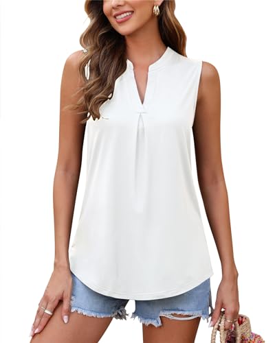 WNEEDU Tank Top Damen Sommer - Ärmellose Bluse Elegant V-Ausschnitt Lässiges Oberteil Tanktop Trägershirt für Frauen Lang(White,XXL) von WNEEDU
