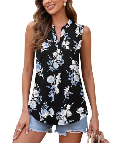 WNEEDU Tank Top Damen Sommer - Ärmellose Bluse Elegant V-Ausschnitt Lässiges Oberteil Tanktop Trägershirt für Frauen Lang Floral Blau Schwarz 2XL WNEEDU Tank Top Damen Sommer - Ärmellose Bluse Elegant V-Ausschnitt Lässiges Oberteil Tanktop Trägershirt für Frauen Lang Floral Blau Schwarz 2XL von WNEEDU