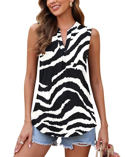 WNEEDU Tank Top Damen Sommer - Ärmellose Bluse Elegant V-Ausschnitt Lässiges Oberteil Tanktop Trägershirt für Frauen Lang Zebra Dicke Streifen 3XL von WNEEDU