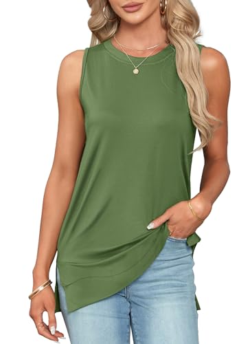 WNEEDU Tank Top Damen Sommer Ärmellose Lässiges Oberteil Rundhalsausschnitt Trägertop Sommer T-Shirts für Frauen(Oliver Green,XL) von WNEEDU