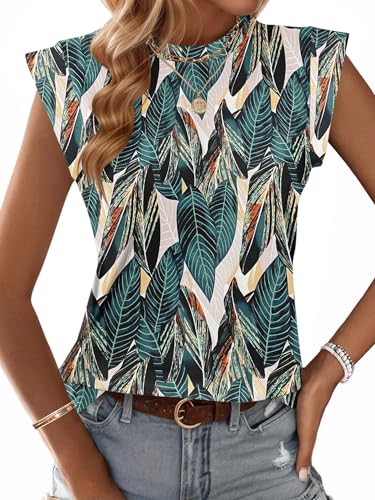 WNEEDU Tank Top Damen Sommer T-Shirt Ärmellose Rundhals Top Locker Basic Bluse Shirt Oberteile mit Flügelärmeln Blattdruck M von WNEEDU