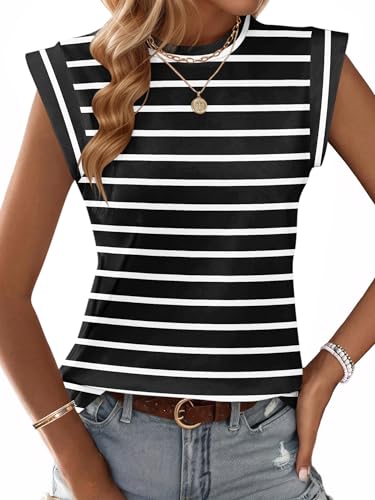 WNEEDU Tank Top Damen Sommer T-Shirt Ärmellose Rundhals Top Locker Basic Bluse Shirt Oberteile mit Flügelärmeln Schwarz Weiße Streifen XL von WNEEDU