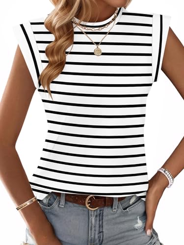 WNEEDU Tank Top Damen Sommer T-Shirt Ärmellose Rundhals Top Locker Basic Bluse Shirt Oberteile mit Flügelärmeln Weiß Schwarz Streifen XL von WNEEDU