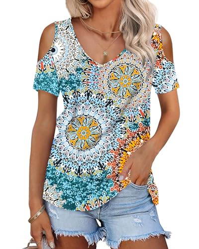 WNEEDU Top Damen Sommer V Ausschnitt Kurzarm Tshirt Off Shoulder Oberteile Elegant 2024 Grün drucken 2XL von WNEEDU