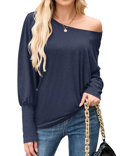 WNEEDU Schulterfreies Oberteil Damen Off Shoulder Pullover Langarmshirt Fledermausärmel Rundhals Herbst Longshirt Tunika Bluse Sweatshirt Lässig Marineblau M von WNEEDU