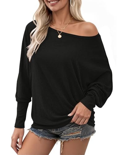 WNEEDU Schulterfreies Oberteil Damen Off Shoulder Pullover Langarmshirt Fledermausärmel Rundhals Herbst Longshirt Tunika Bluse Sweatshirt Lässig Schwarz 2XL von WNEEDU