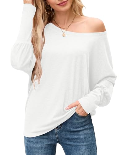 WNEEDU Tshirt Damen Langarm Herbst Fledermausärmel Schulterfreies Oberteil Rundhals Basic Langarmshirt Longshirt Tunika Bluse Sweatshirt Lässig Weiß S von WNEEDU