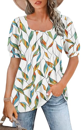 WNEEDU Tshirt Damen Sommer Bluse Kurzarm Quadratischem Ausschnitt Oberteile Damen Sommer Tunika T-Shirt Plissee Tops mit Puffärmel Lässige Flowy Elegant Blau Gelb Färbung Blatt L von WNEEDU