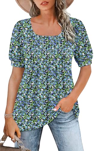 WNEEDU Tshirt Damen Sommer Bluse Kurzarm Quadratischem Ausschnitt Oberteile Damen Sommer Tunika T-Shirt Plissee Tops mit Puffärmel Lässige Flowy Elegant Blaugrüne Blumen M von WNEEDU