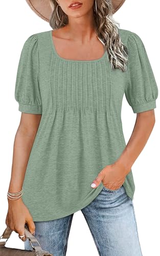 WNEEDU Tshirt Damen Sommer Bluse Kurzarm Quadratischem Ausschnitt Oberteile Damen Sommer Tunika T-Shirt Plissee Tops mit Puffärmel Lässige Flowy Elegant Erbsengrün M von WNEEDU
