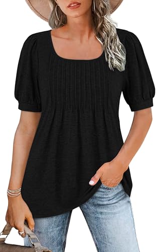WNEEDU Tshirt Damen Sommer Bluse Kurzarm Quadratischem Ausschnitt Oberteile Damen Sommer Tunika T-Shirt Plissee Tops mit Puffärmel Lässige Flowy Elegant Schwarz 3XL WNEEDU Tshirt Damen Sommer Bluse Kurzarm Quadratischem Ausschnitt Oberteile Damen Sommer Tunika T-Shirt Plissee Tops mit Puffärmel Lässige Flowy Elegant Schwarz 3XL von WNEEDU