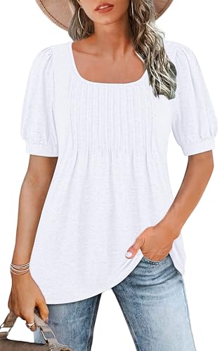 WNEEDU Tshirt Damen Sommer Bluse Kurzarm Quadratischem Ausschnitt Oberteile Damen Sommer Tunika T-Shirt Plissee Tops mit Puffärmel Lässige Flowy Elegant Weiß XXL von WNEEDU