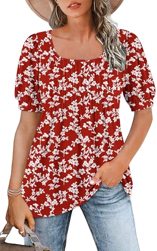 WNEEDU Tshirt Damen Sommer Bluse Kurzarm Quadratischem Ausschnitt Oberteile Damen Sommer Tunika T-Shirt Plissee Tops mit Puffärmel Lässige Flowy Elegant Weiße Blume auf Rot L von WNEEDU