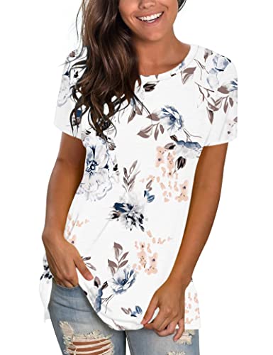 WNEEDU T-Shirt Damen Sommer Tops Floral Weiß S von WNEEDU