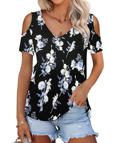 WNEEDU Tshirt Damen Sommer V Ausschnitt Schulterfrei Oberteil Kurzarm Tops Elegant Tunika Bluse Mit Lockeren Passform Leicht Und Luftig Blumen Schwarz Blau S von WNEEDU