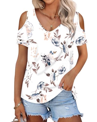 WNEEDU Tshirt Damen Sommer V Ausschnitt Schulterfrei Oberteil Kurzarm Tops Elegant Tunika Bluse Mit Lockeren Passform Leicht Und Luftig Blumenweiß 2XL WNEEDU Tshirt Damen Sommer V Ausschnitt Schulterfrei Oberteil Kurzarm Tops Elegant Tunika Bluse Mit Lockeren Passform Leicht Und Luftig Blumenweiß 2XL von WNEEDU