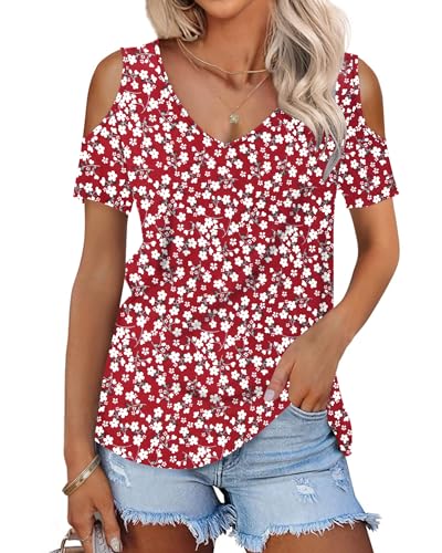 WNEEDU Tshirt Damen Sommer V Ausschnitt Schulterfrei Oberteil Kurzarm Tops Elegant Tunika Bluse Mit Lockeren Passform Leicht Und Luftig Rote Blume L von WNEEDU
