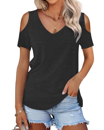 WNEEDU Tshirt Damen Sommer V Ausschnitt Schulterfrei Oberteil Kurzarm Tops Elegant Tunika Bluse Mit Lockeren Passform Leicht Und Luftig Schwarz S von WNEEDU
