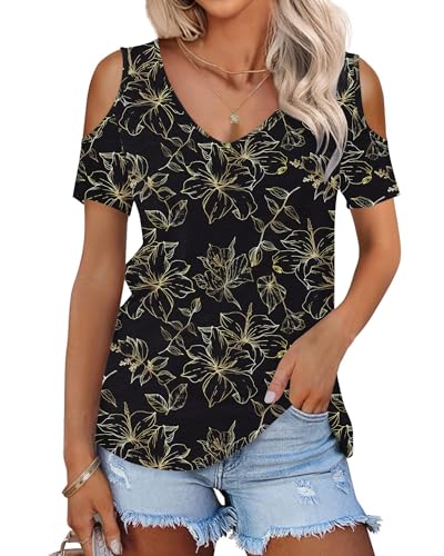 WNEEDU Tshirt Damen Sommer V Ausschnitt Schulterfrei Oberteil Kurzarm Tops Elegant Tunika Bluse Mit Lockeren Passform Leicht Und Luftig Schwarze Gold Blätter M von WNEEDU