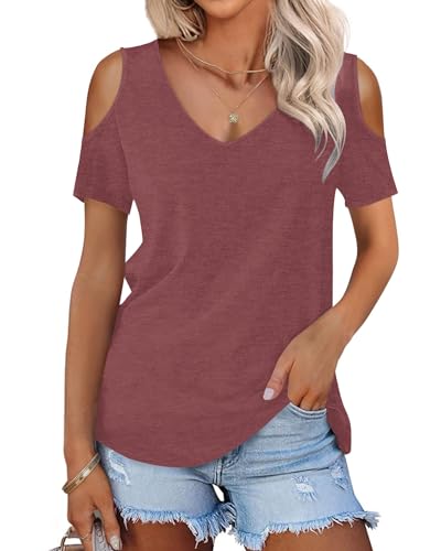 WNEEDU Tshirt Damen Sommer V Ausschnitt Schulterfrei Oberteil Kurzarm Tops Elegant Tunika Bluse Mit Lockeren Passform Leicht Und Luftig Weinrot M von WNEEDU