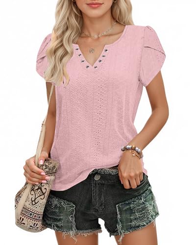 WNEEDU Tshirt Damen Sommer V Ausschnitt Top Kurzarm Freizeit Bluse Blütenblatt Ärmel Oberteile mit Eyelet-Stickerei Rosa S WNEEDU Tshirt Damen Sommer V Ausschnitt Top Kurzarm Freizeit Bluse Blütenblatt Ärmel Oberteile mit Eyelet-Stickerei Rosa S von WNEEDU