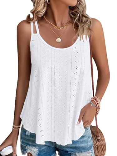 WNEEDU Weiß Damen Tank Top Sommer Spaghetti Cami Oberteile Ärmellose Rundhalsausschnitt Shirt Blusen Tops Weiß 2XL von WNEEDU