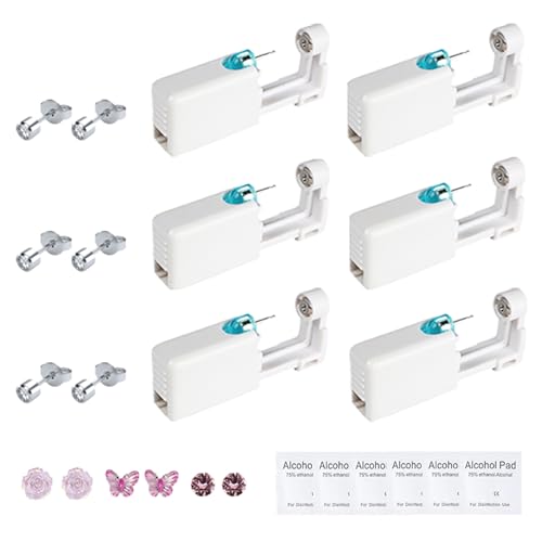 Einweg-Ohr-Piercingpistole, schmerzfreies Selbstohr-Piercing-Set mit integrierten Ohrsteckern mit 6 Alkohol-Tücherbeuteln + 3 Paar rosa Ohrringen, Sicherheitsasepse, unabhängige Verpackung für Mädchen von WNTJN