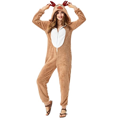 WOBBLO Hirsch-Kostüm für Erwachsene – einteiliges Kapuzenkostüm für Erwachsene, Rentier-Kostüme, Tier-Cosplay-Pyjama, Bühnenauftritt, Nachtwäsche in Hirschform von WOBBLO