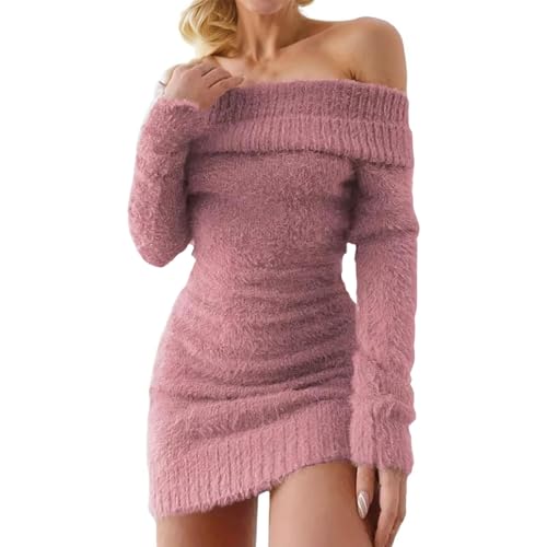 Damen Strickkleid Pulloverkleid V Ausschnitt Langarm Winter Fuzzy Kleid Off Schulter Cut Outs Kleider Bodycon A Linie Minikleid Stehkragen Clubkleid (A1-Pink, M) von WOCACHI