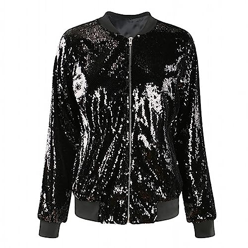 WOCACHI Pailletten Oberteil Damen, Glänzend Pailletten Jacke Cardigan Langarm Bolero Tops Disco Outfit (Black, XXL) von WOCACHI