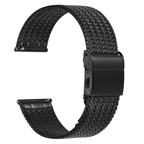 WOCCI 14mm Elite Uhrenarmband aus Metall für Damen und Herren, Gewebtes Mesh Armband, 316L Edelstahl, Schnellverschluss, Faltschließe (Schwarz) von WOCCI