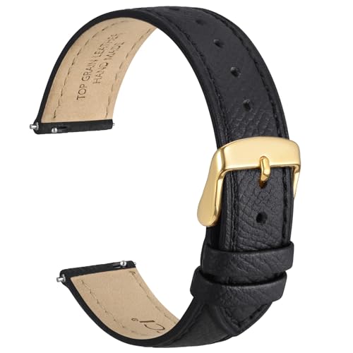 WOCCI 14mm Grace Uhrenarmband für Damen, Top Grain Leder, Schnellverschluss, Goldener Schnalle (Schwarz) von WOCCI