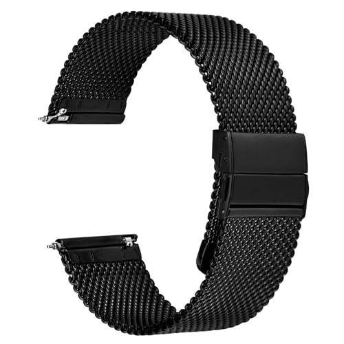 WOCCI 14mm Mesh Gewebt Uhrenarmband aus Metall für Damen und Herren, 316L Edelstahl, Schnellverschluss, Verbesserte Faltschließe (Schwarz) von WOCCI