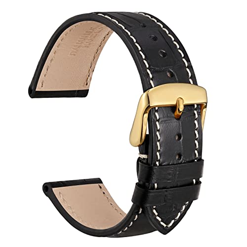 WOCCI 14mm Uhrenarmband Leder für Damen und Herren, Geprägtes Alligator, Goldene Schnalle (Schwarz mit Beige Nähten) von WOCCI