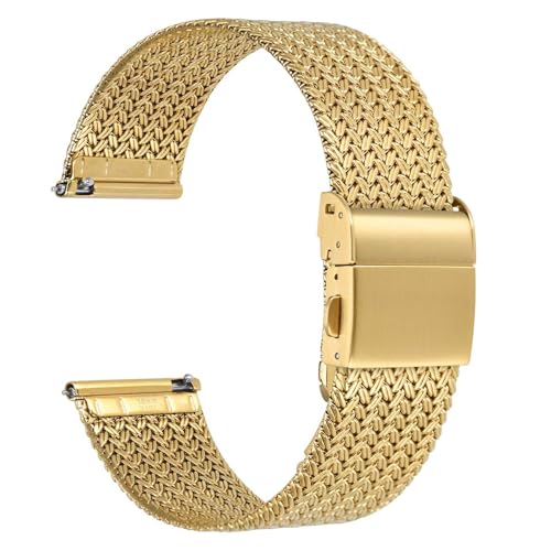 WOCCI 16mm Elite Uhrenarmband aus Metall für Damen und Herren, Gewebtes Mesh Armband, 316L Edelstahl, Schnellverschluss, Faltschließe (Golden) von WOCCI