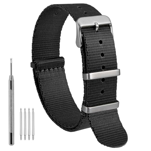 WOCCI 16mm Militär Nylon Uhrenarmband, Einteiliges Ballistisches Nylon Armband für Damen und Herren, Silberne Schnalle (Schwarz) von WOCCI