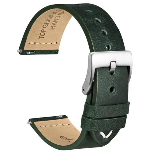 WOCCI 18mm Antikes Uhrenarmband für Herren, Sattelleder, Silberne Schnalle (Armeegrün) von WOCCI