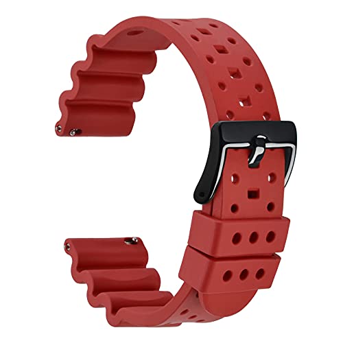 WOCCI 18mm Belüftete FKM Gummi Uhrenarmband für Herren (Nicht Silikon), Schnellverschluss Armband, Schwarze Schnalle (Rot) von WOCCI