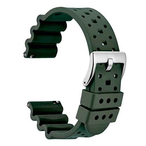 WOCCI 18mm Belüftete FKM Gummi Uhrenarmband für Herren (Nicht Silikon), Schnellverschluss Armband, Silberner Schnalle (Armee Grün) von WOCCI