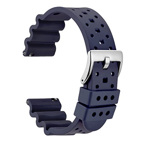 WOCCI 18mm Belüftete FKM Gummi Uhrenarmband für Herren (Nicht Silikon), Schnellverschluss Armband, Silberner Schnalle (Navy Blau) von WOCCI