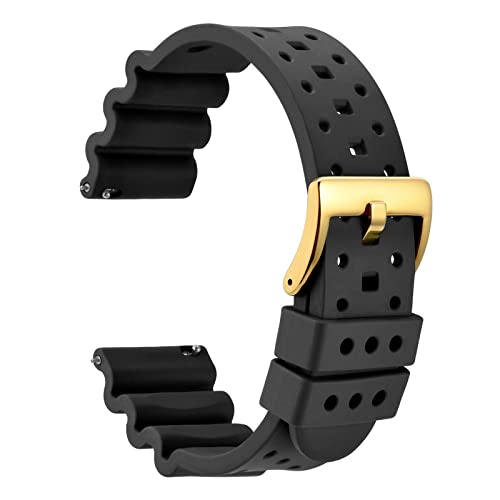 WOCCI 18mm Belüftete FKM Gummi Uhrenarmband für Herren (Nicht Silikon), Schnellverschluss Armband, Gold Schnalle (Schwarz) von WOCCI