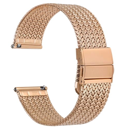 WOCCI 18mm Elite Uhrenarmband aus Metall für Damen und Herren, Gewebtes Mesh Armband, 316L Edelstahl, Schnellverschluss, Verbesserte Faltschließe (Roségold) von WOCCI