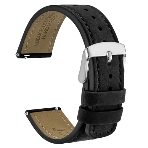 WOCCI 18mm Retro Leder Uhrenarmband für Herren und Damen, Ersatzarmband mit Silberne Schnalle (Schwarz) von WOCCI